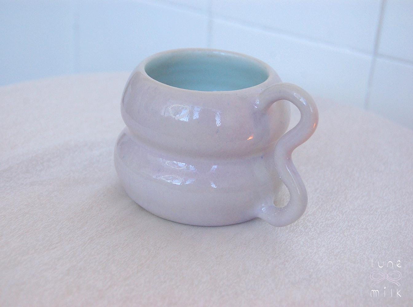 Mug cappuccino organic natural stoneware pastel pink and turquoise, handmade wheel thrown with glossy glazes