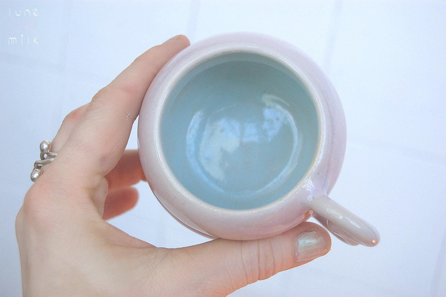 Mug cappuccino organic natural stoneware pastel pink and turquoise, handmade wheel thrown with glossy glazes