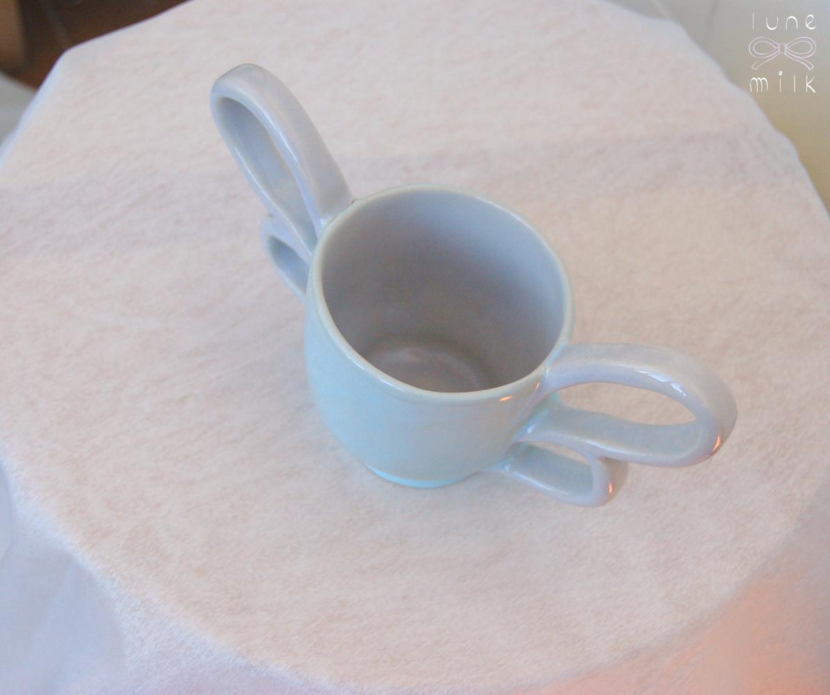 Mug cappuccino organic natural winged stoneware pastel blue and lilac, handmade wheel thrown with glossy glazes