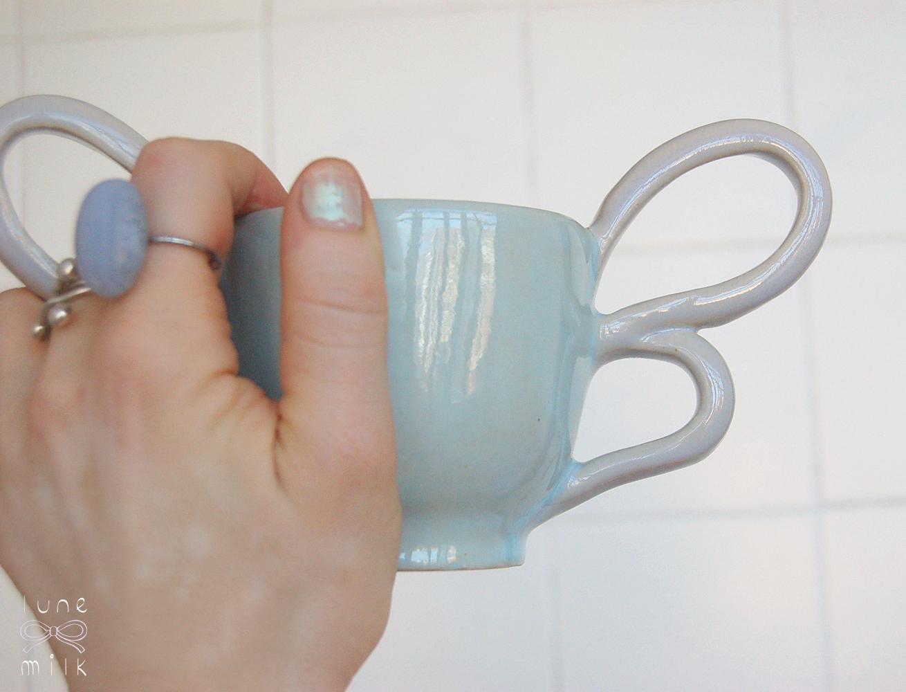 Mug cappuccino organic natural winged stoneware pastel blue and lilac, handmade wheel thrown with glossy glazes