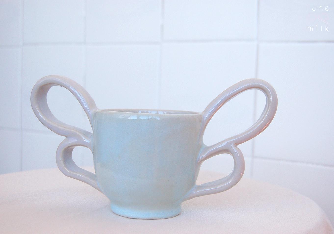 Mug cappuccino organic natural winged stoneware pastel blue and lilac, handmade wheel thrown with glossy glazes