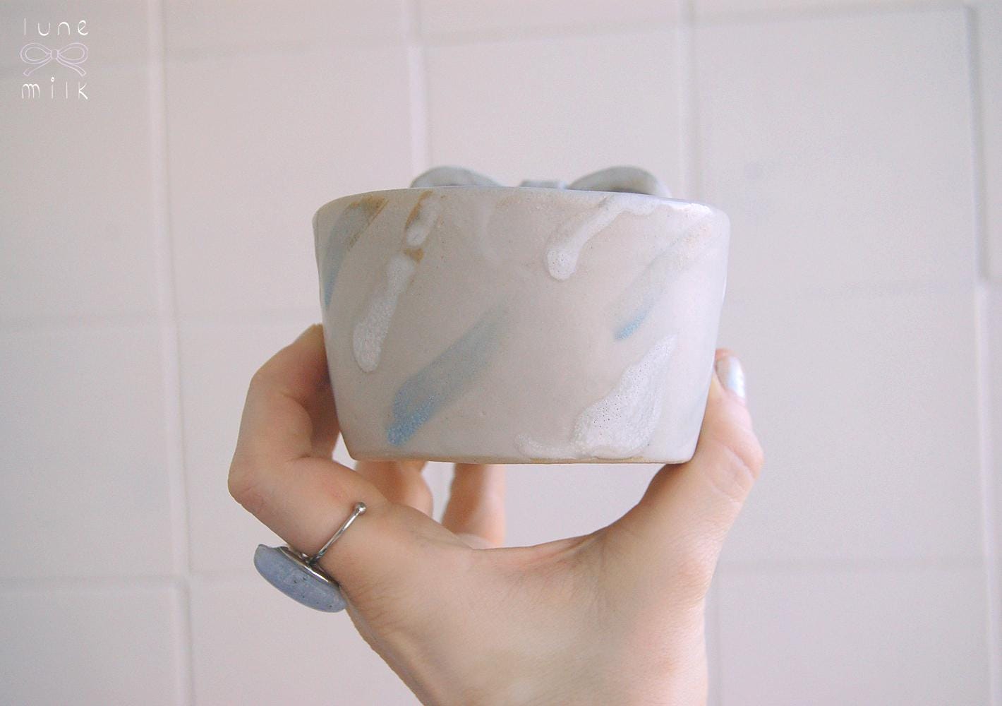 Mug cappuccino organic natural bow stoneware lilac, milky grey, pastel colors, handmade wheel thrown with glossy glazes