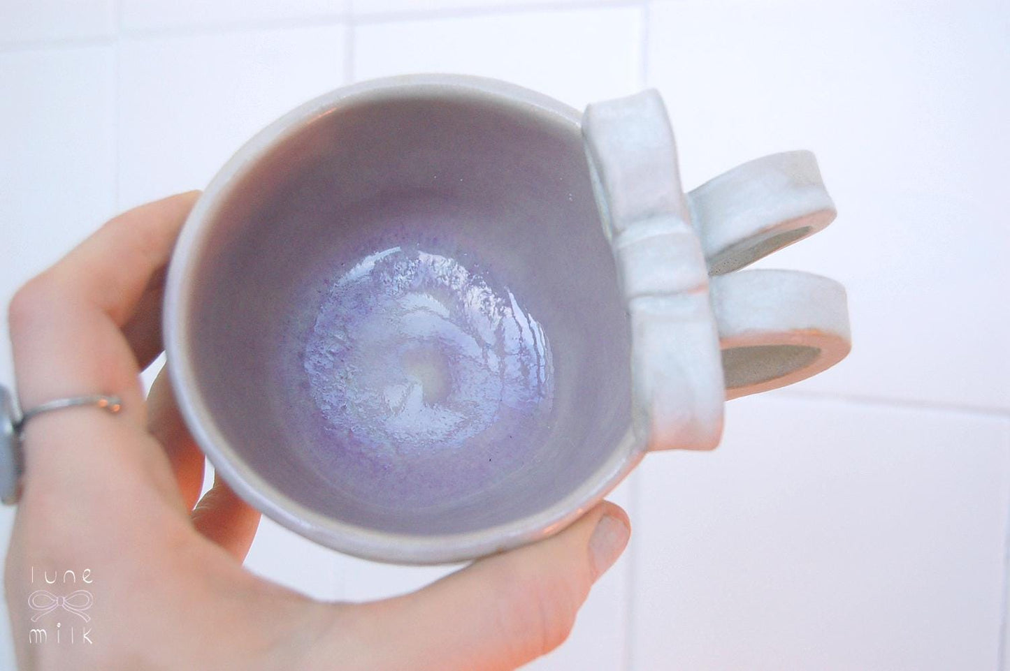 Mug cappuccino organic natural bow stoneware lilac, milky grey, pastel colors, handmade wheel thrown with glossy glazes