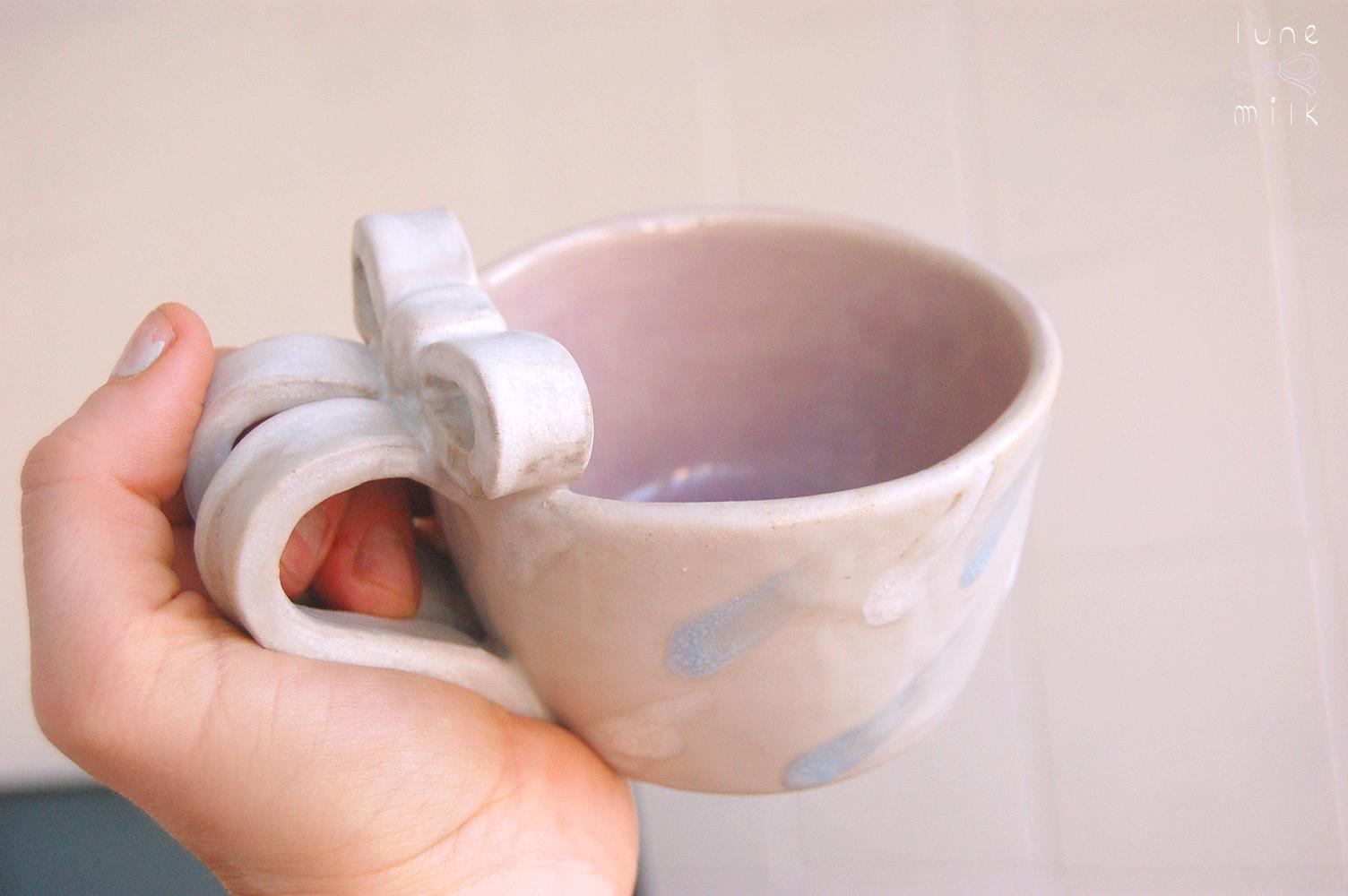 Mug cappuccino organic natural bow stoneware lilac, milky grey, pastel colors, handmade wheel thrown with glossy glazes