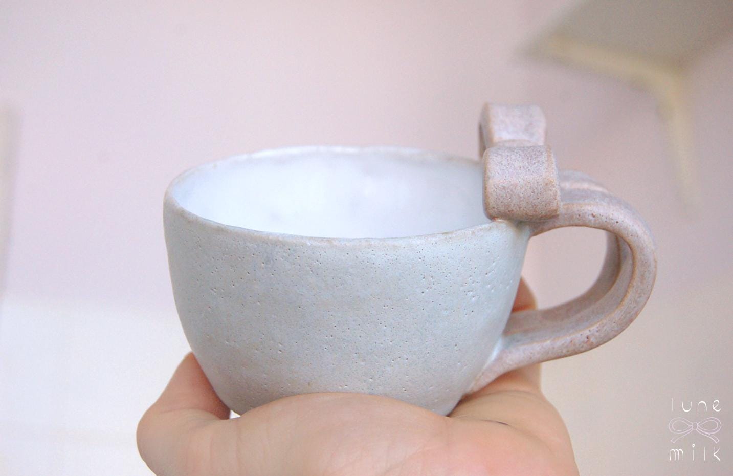 Mug cappuccino organic natural bow stoneware grey blue with pink bow handles, handmade wheel thrown with glossy glazes