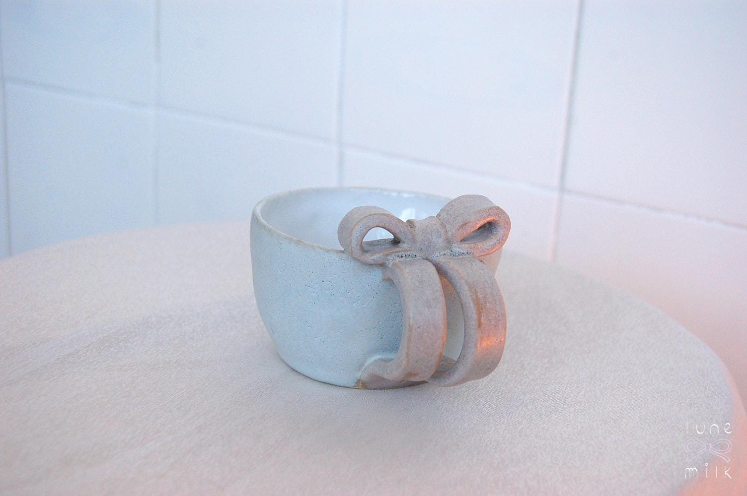 Mug cappuccino organic natural bow stoneware grey blue with pink bow handles, handmade wheel thrown with glossy glazes