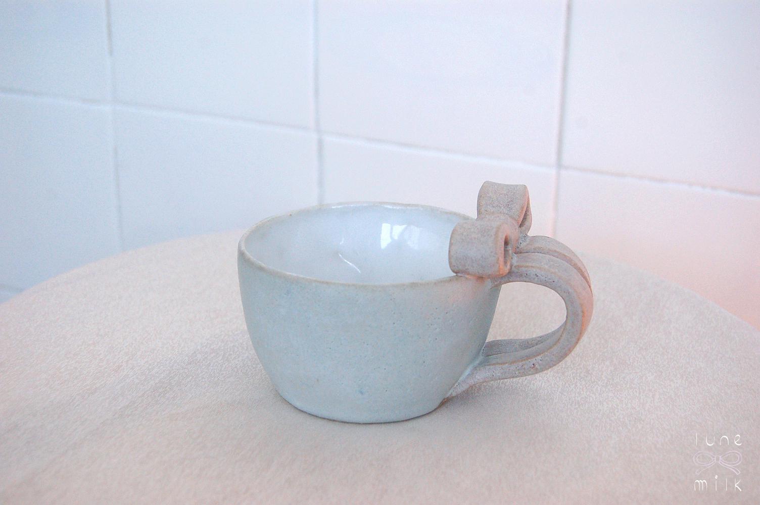 Mug cappuccino organic natural bow stoneware grey blue with pink bow handles, handmade wheel thrown with glossy glazes