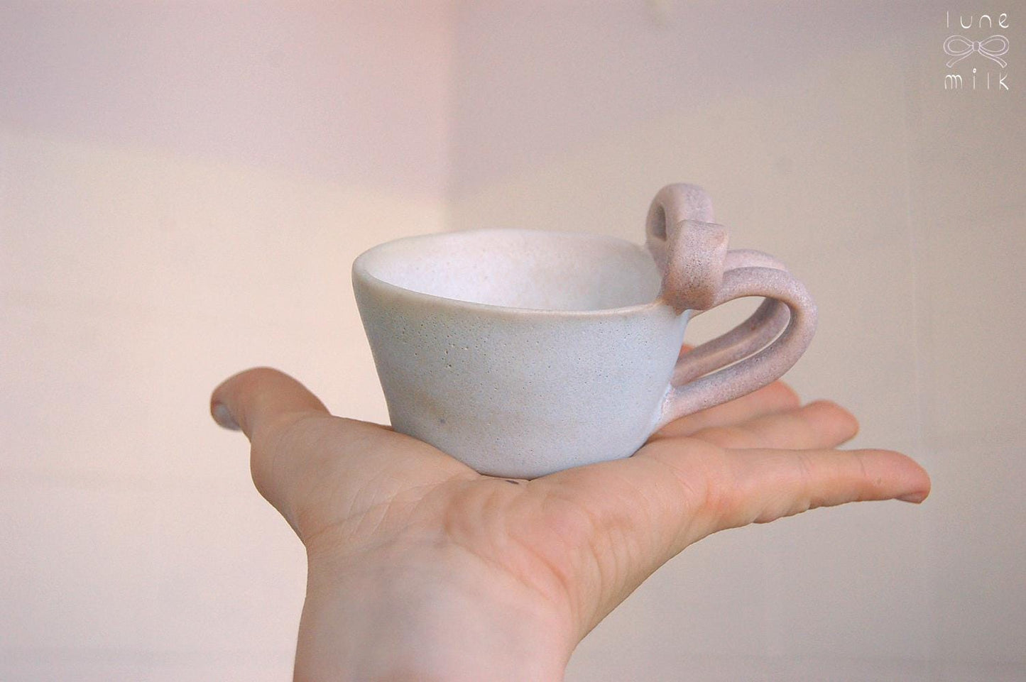 Mug coffee cappuccino organic natural bow porcelain stoneware light blue with pink bow handles, pastel glossy glazes, S size