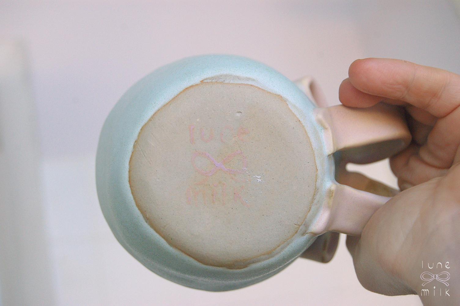 Mug tea and cappuccino organic natural bow stoneware light turquoise with pink bow handles, pastel matte glazes, L size