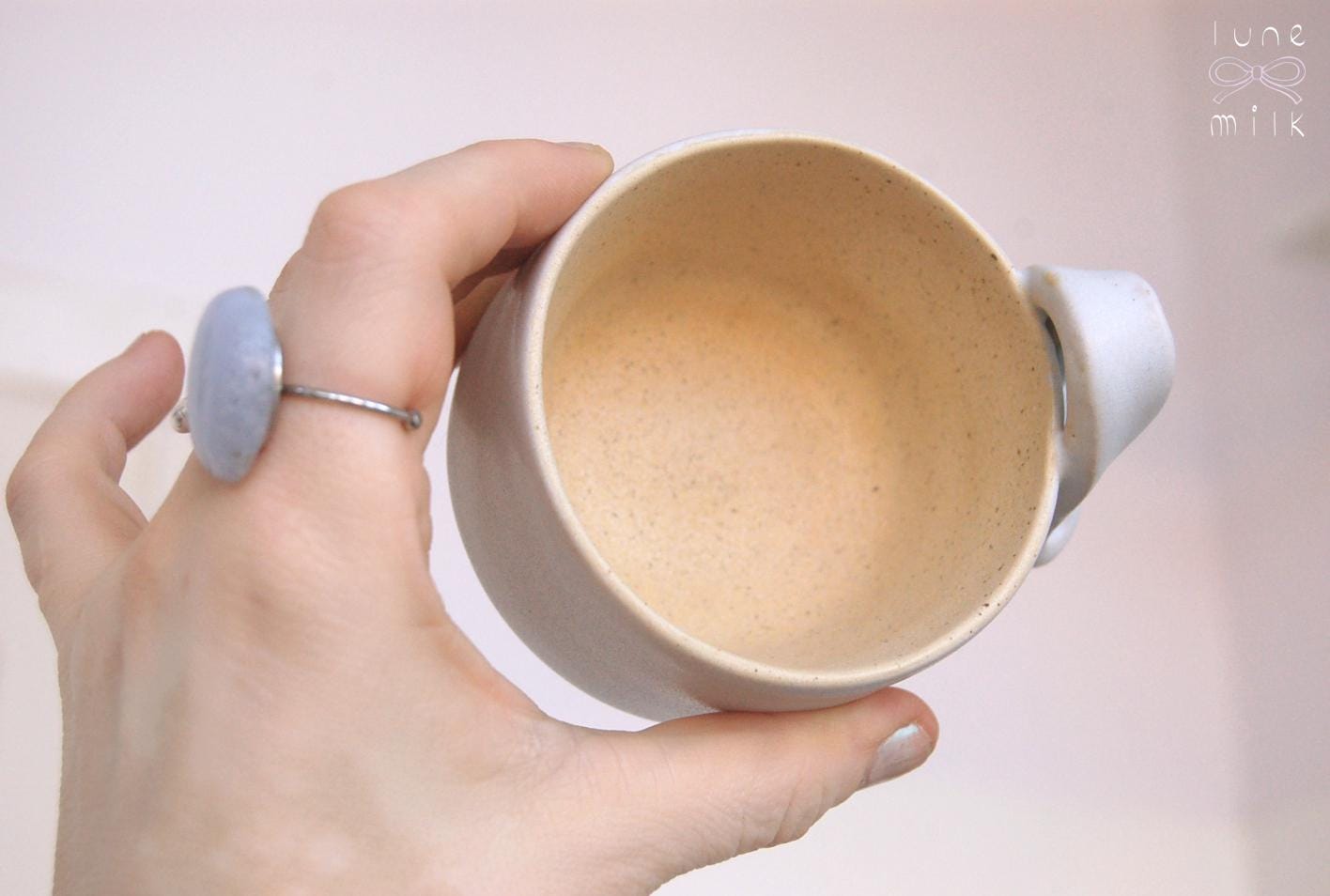 Mug cappuccino organic natural stoneware pastel blue and speckled sand color glazes, handmade wheel thrown with ribbon handle