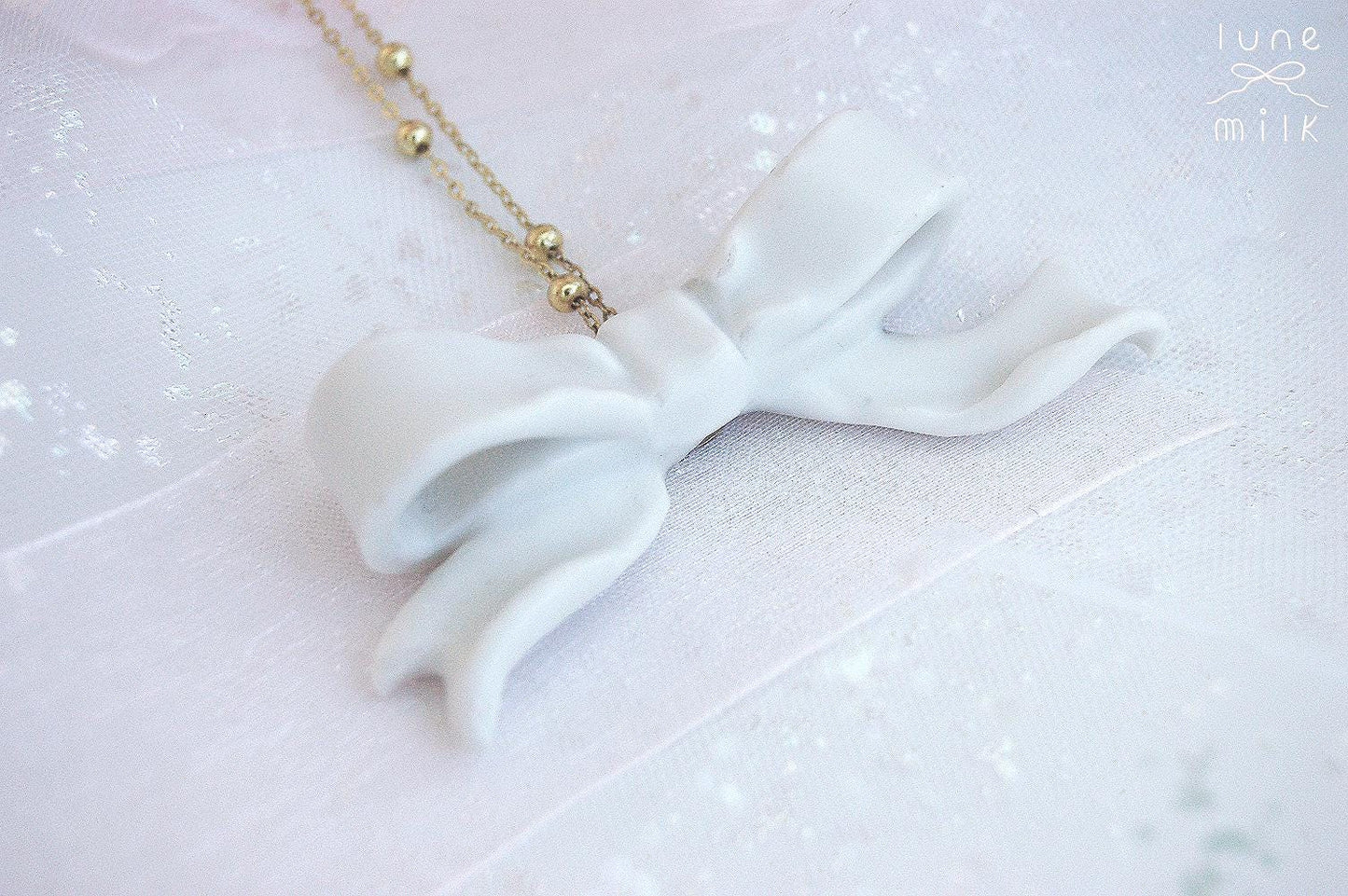 Limoges porcelain white satin milky ribbon bow necklace, handmade porcelain ceramic *4