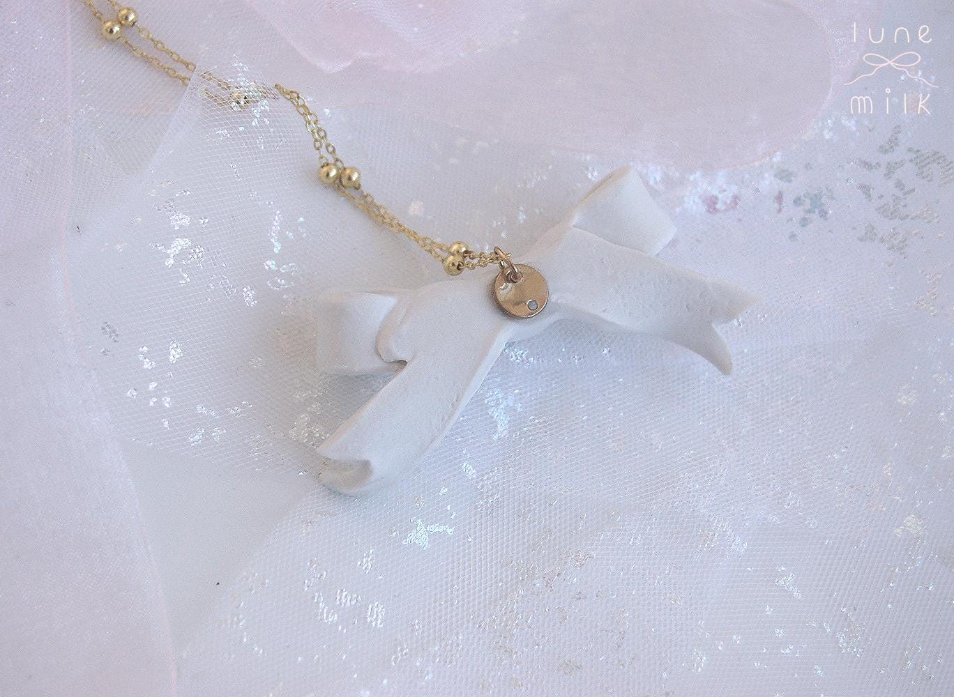 Limoges porcelain white satin milky ribbon bow necklace, handmade porcelain ceramic *4