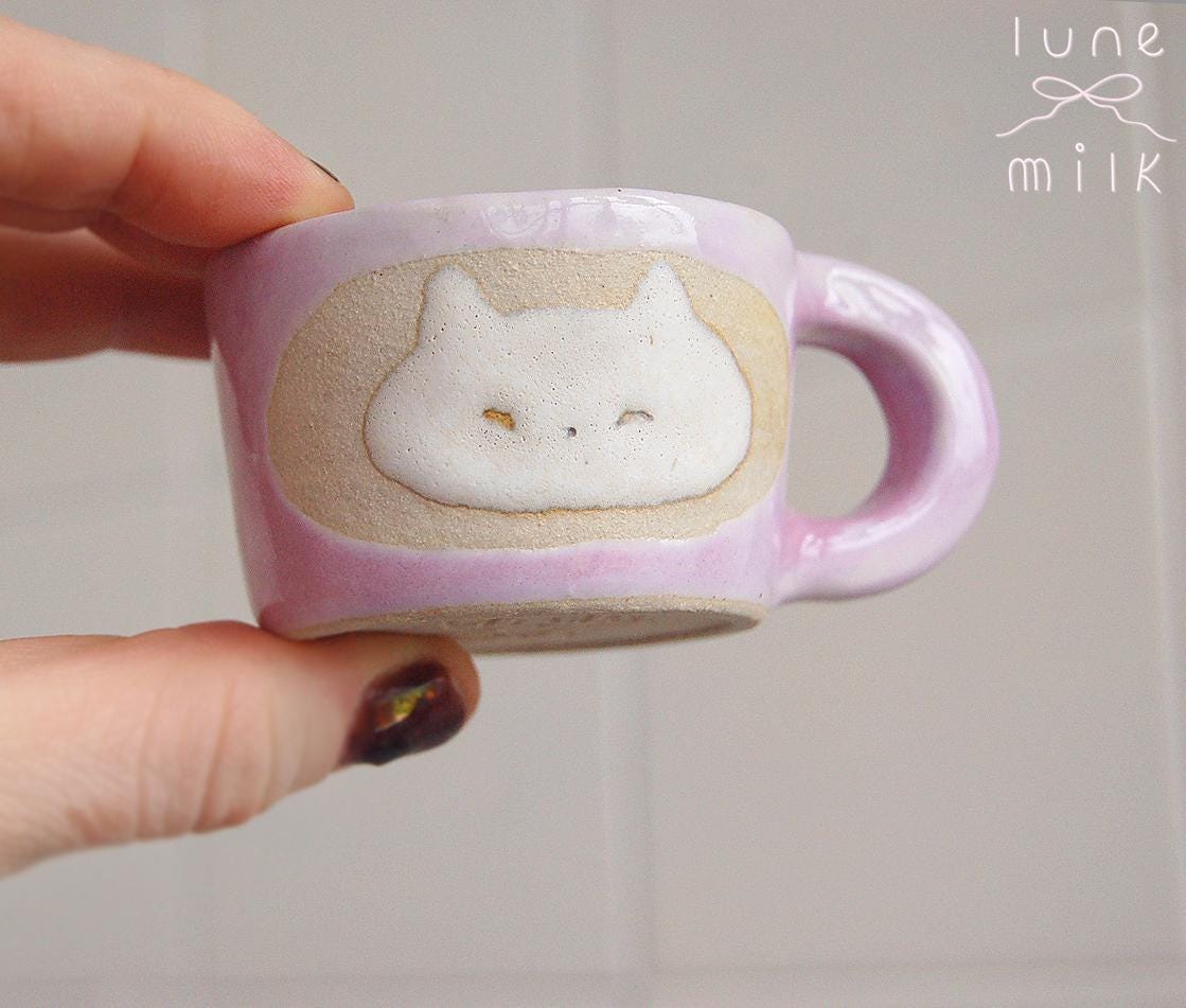 Cat Mug cappuccino organic natural stoneware kitty pastel blue and speckled sand color glazes, handmade wheel thrown with ribbon handle