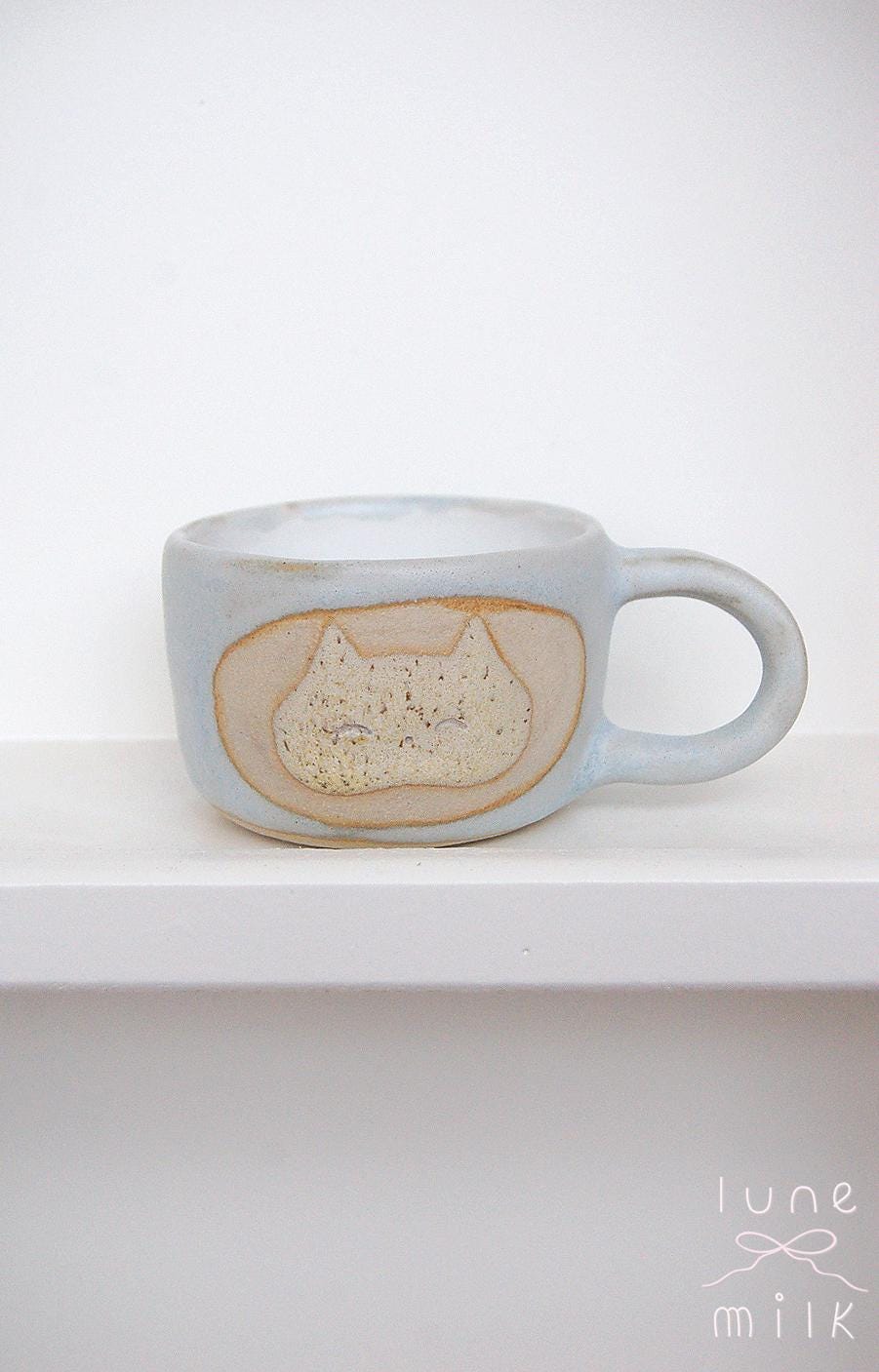 Cat Mug cappuccino organic natural stoneware kitty pastel blue and speckled sand color glazes, handmade wheel thrown with ribbon handle