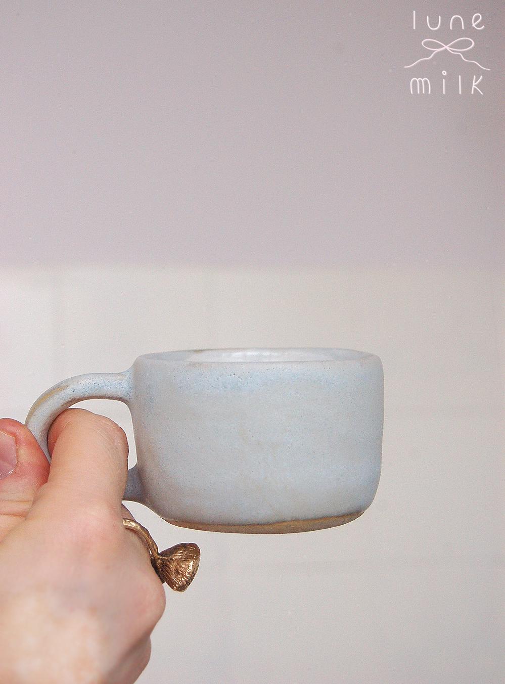 Cat Mug cappuccino organic natural stoneware kitty pastel blue and speckled sand color glazes, handmade wheel thrown with ribbon handle