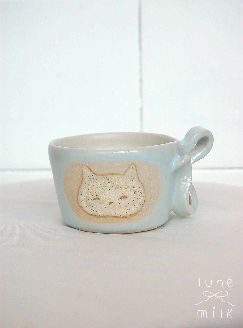 Cat Mug cappuccino organic natural stoneware cat glossy pastel blue and speckled sand color glazes, handmade wheel thrown with ribbon handle