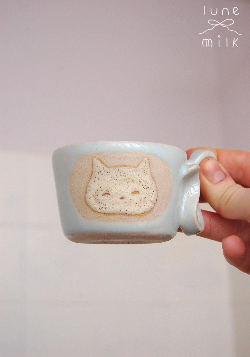 Cat Mug cappuccino organic natural stoneware cat glossy pastel blue and speckled sand color glazes, handmade wheel thrown with ribbon handle