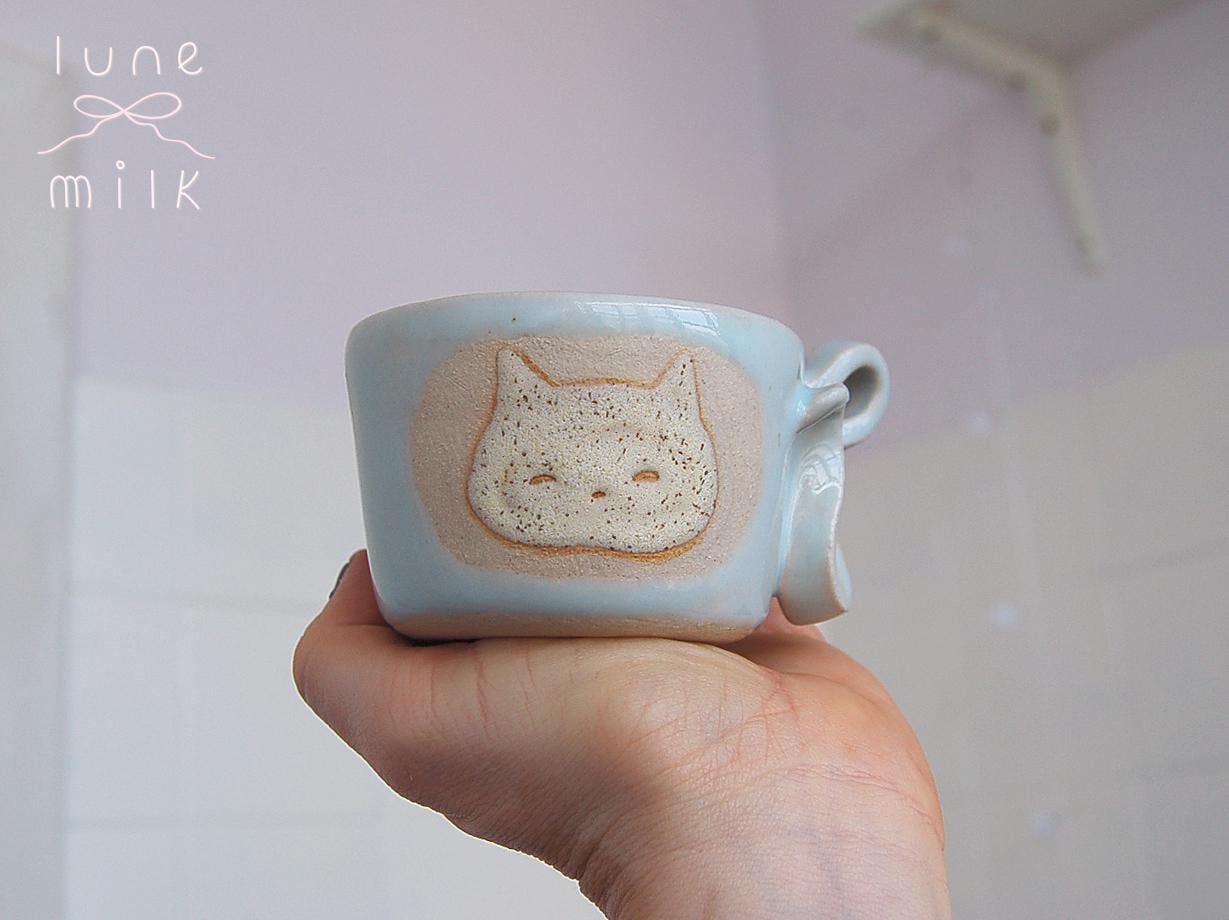 Cat Mug cappuccino organic natural stoneware cat glossy pastel blue and speckled sand color glazes, handmade wheel thrown with ribbon handle