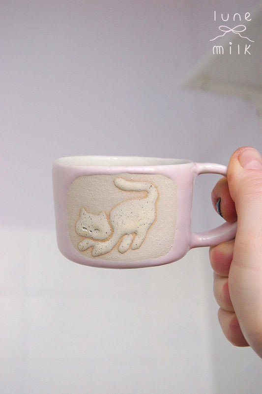 Cat Mug cappuccino organic natural stoneware kitty pastel pink and orange tabby cat color glazes, handmade wheel thrown with wavy handle