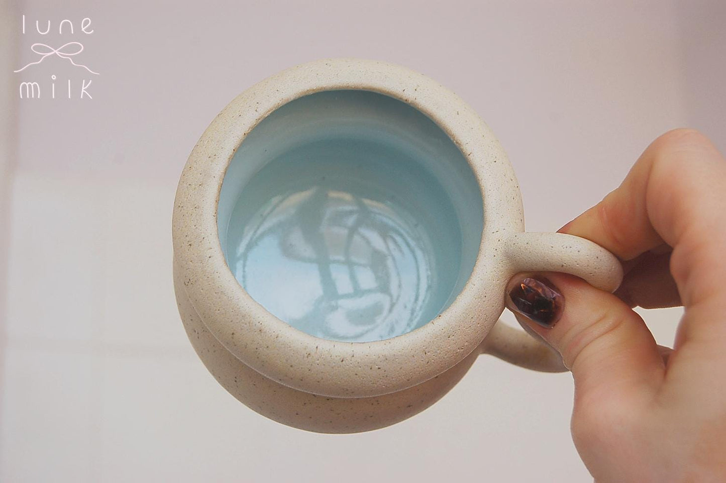 Ceramic Mug cappuccino organic natural stoneware almond milk and pastel blue color glazes, handmade wheel thrown with wavy handle