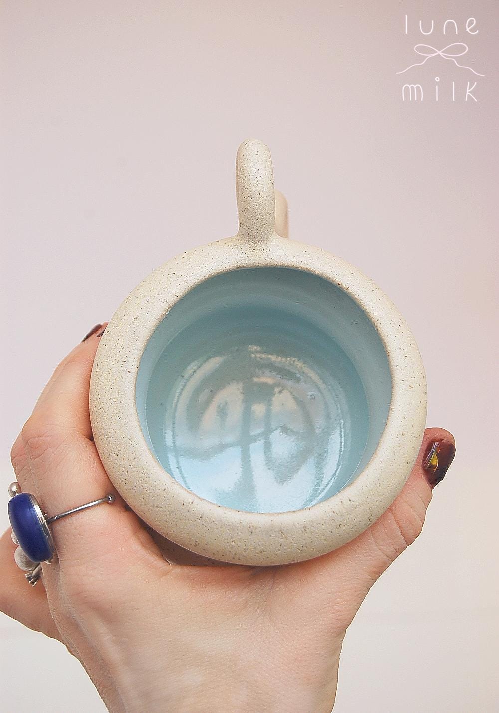 Ceramic Mug cappuccino organic natural stoneware almond milk and pastel blue color glazes, handmade wheel thrown with wavy handle