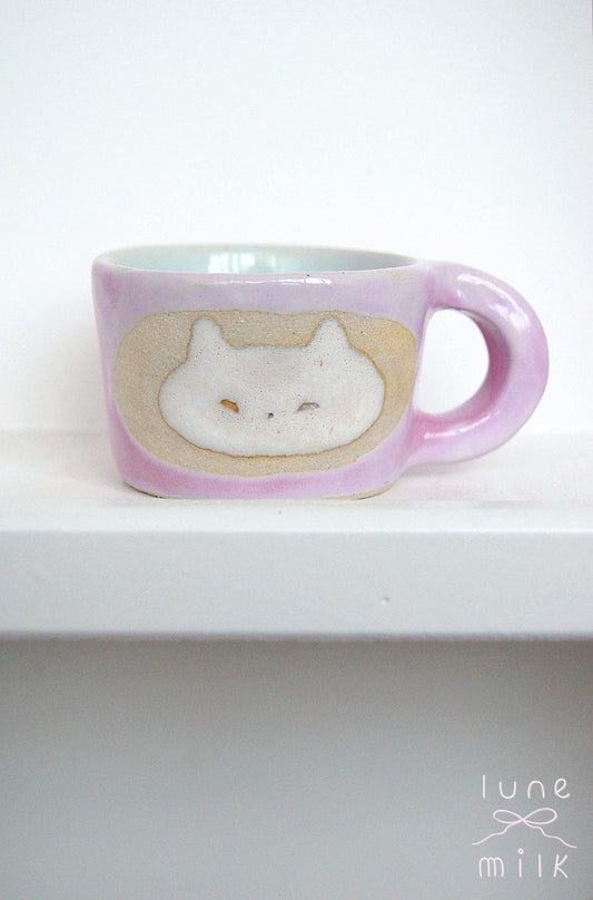 Cat Mug cappuccino organic natural stoneware kitty pastel blue and speckled sand color glazes, handmade wheel thrown with ribbon handle