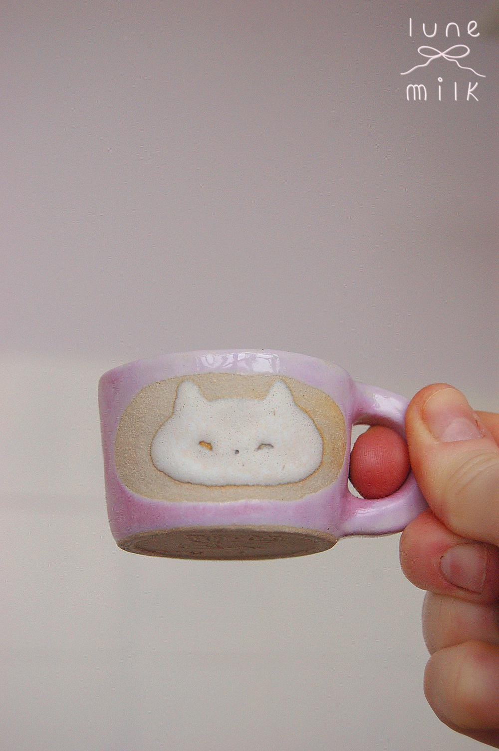 Cat Mug cappuccino organic natural stoneware kitty pastel blue and speckled sand color glazes, handmade wheel thrown with ribbon handle