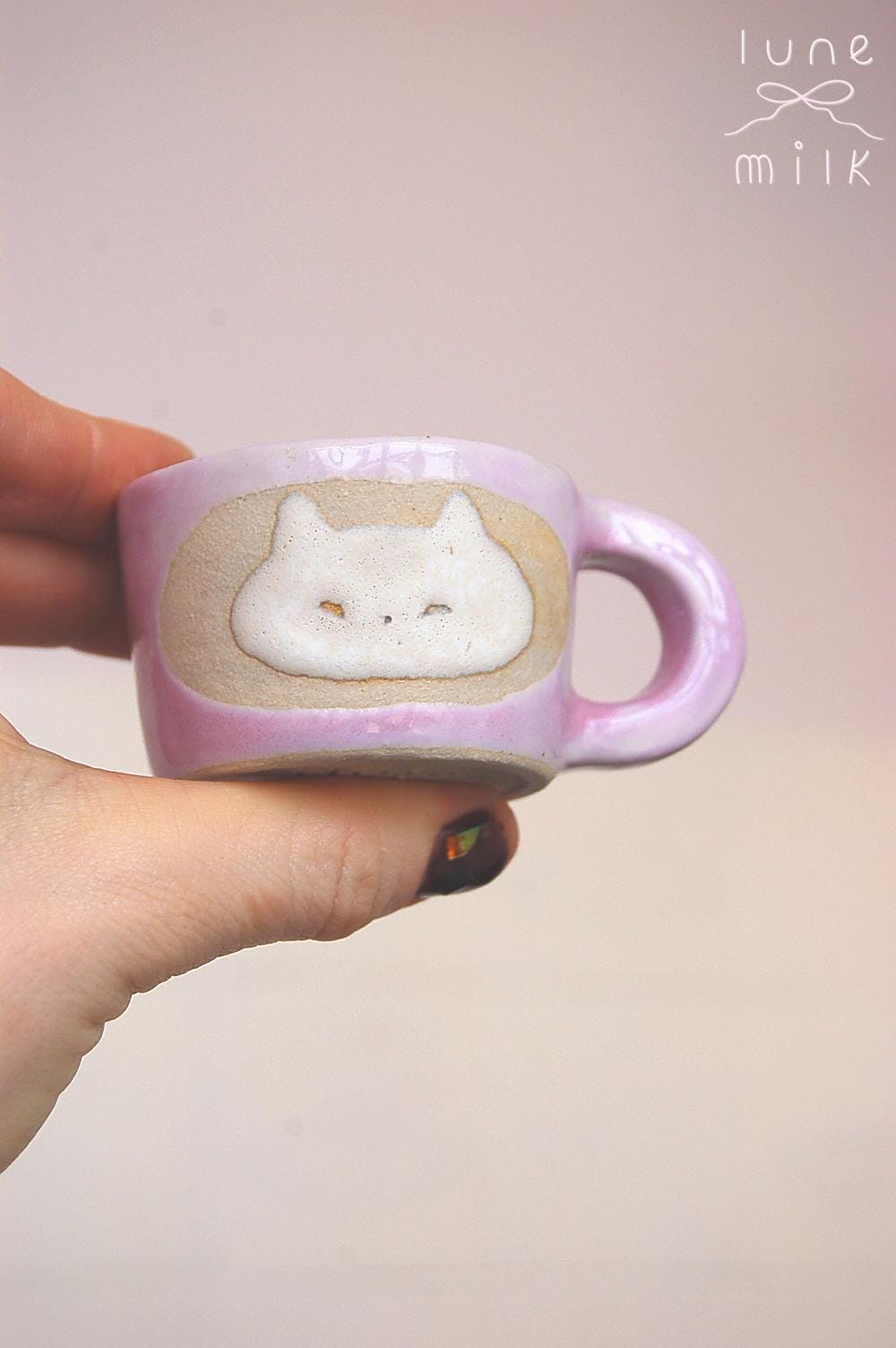 Cat Mug cappuccino organic natural stoneware kitty pastel blue and speckled sand color glazes, handmade wheel thrown with ribbon handle