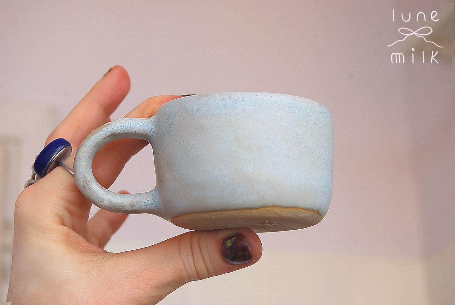 Cat Mug cappuccino organic natural stoneware kitty pastel blue and speckled sand color glazes, handmade wheel thrown with ribbon handle