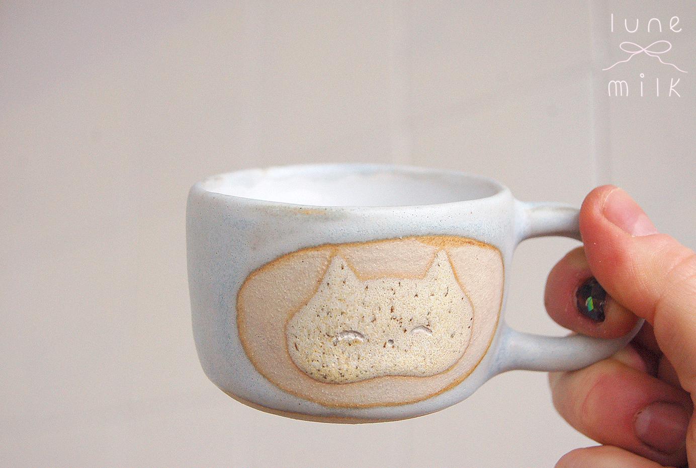 Cat Mug cappuccino organic natural stoneware kitty pastel blue and speckled sand color glazes, handmade wheel thrown with ribbon handle