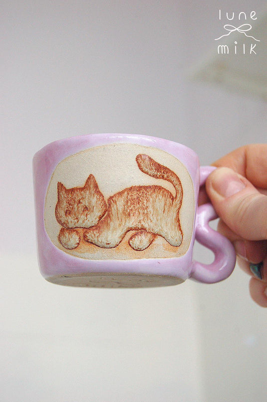 Cat Mug cappuccino organic natural stoneware kitty pastel pink and orange tabby cat color glazes, handmade wheel thrown with wavy handle