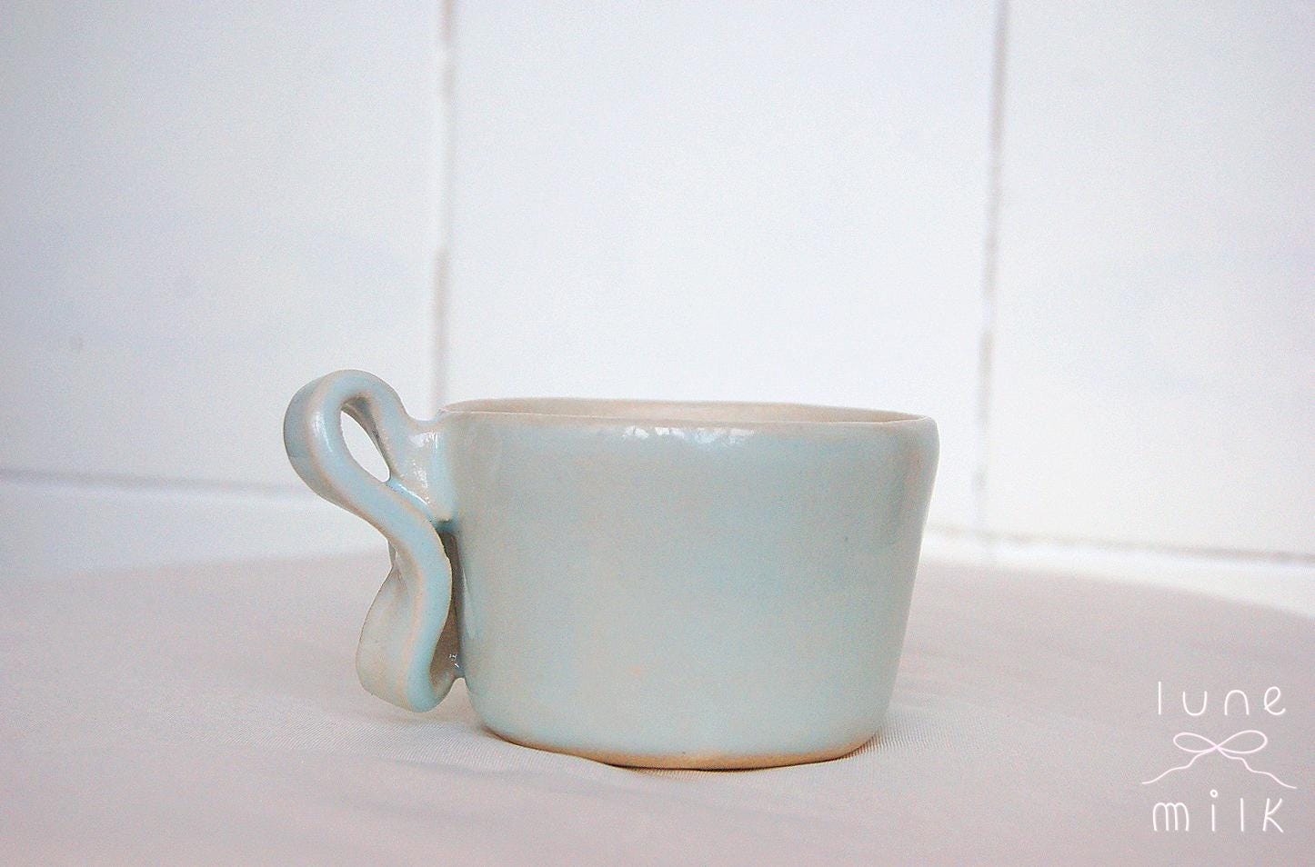 Cat Mug cappuccino organic natural stoneware cat glossy pastel blue and speckled sand color glazes, handmade wheel thrown with ribbon handle