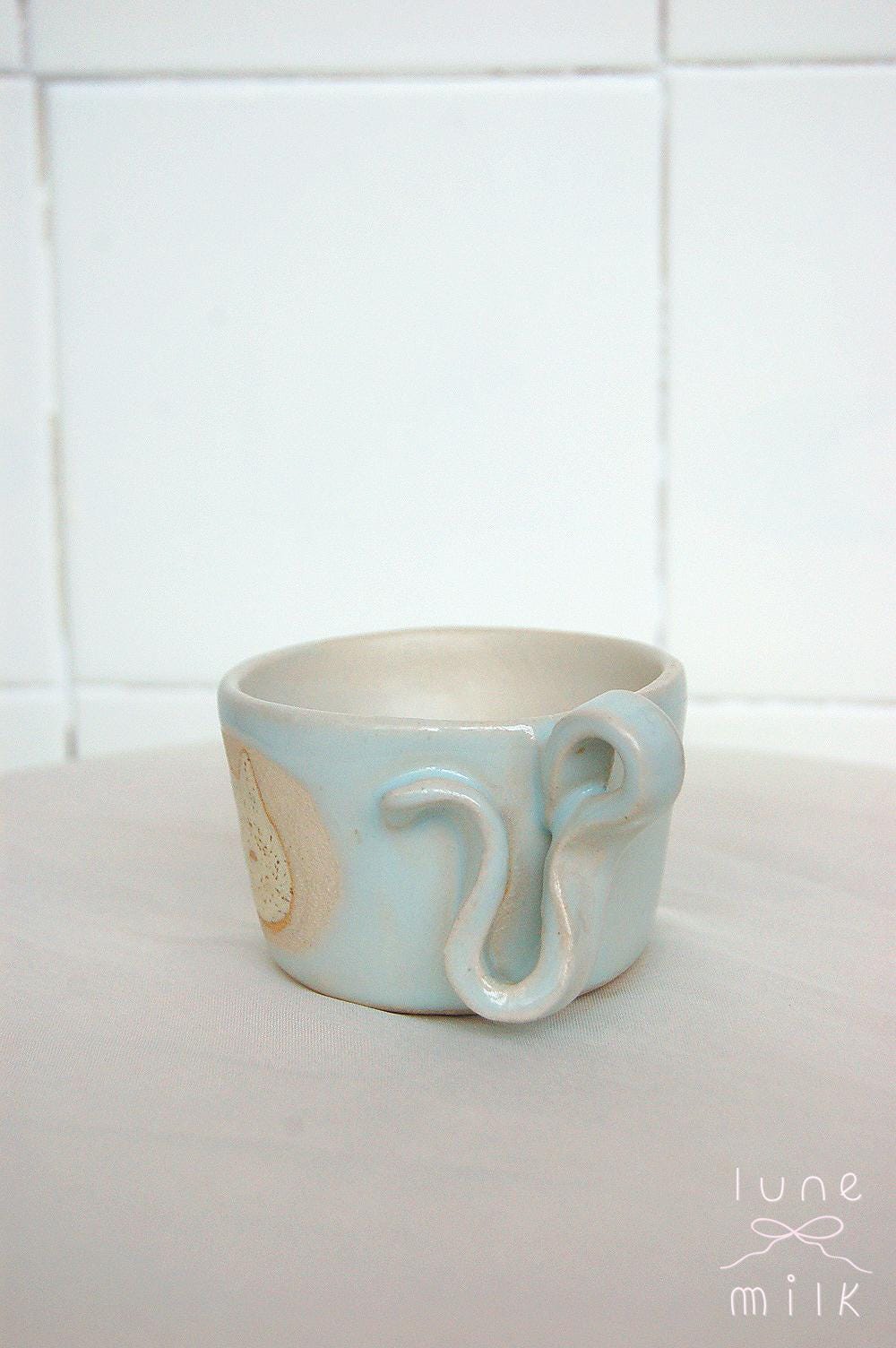 Cat Mug cappuccino organic natural stoneware cat glossy pastel blue and speckled sand color glazes, handmade wheel thrown with ribbon handle