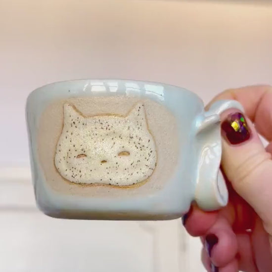 Cat Mug cappuccino organic natural stoneware cat glossy pastel blue and speckled sand color glazes, handmade wheel thrown with ribbon handle