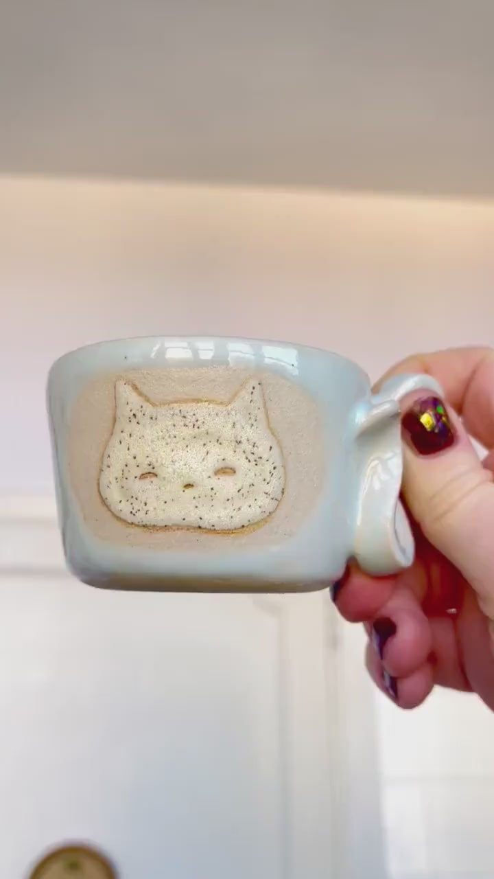 Cat Mug cappuccino organic natural stoneware cat glossy pastel blue and speckled sand color glazes, handmade wheel thrown with ribbon handle